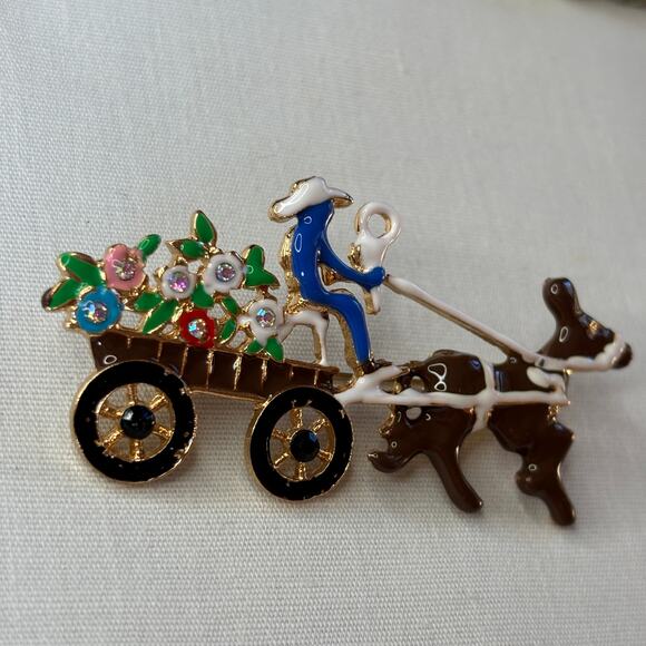 Flower Cart & Driver With Horse Brooch Pin Retro Old Fashioned Style NWT - Picture 2 of 6